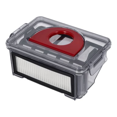 Dust Container F. 025972 är en klar plastbehållare med ett plissat svart-vitt filter på ena sidan och ett rött lockhandtag.