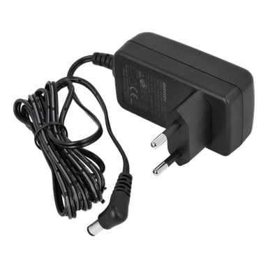 Charger F. 025972 är en svart strömadapter med en tvåpolig kontakt och en lång, spiralad kabel med en cylindrisk kontakt.
