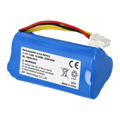11,1V F.025972-batteriet är ett blått Li-ion-paket med en vit etikett, färgade ledningar till en kontakt och varningssymboler synliga.