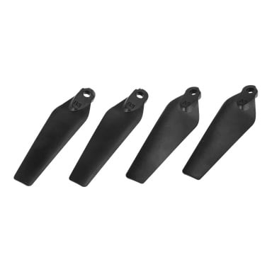 Fyra identiska svarta plastpropeller 4-P Drone 024785 blad sitter sida vid sida, var och en med ett övre hål märkt A9, vinklat åt höger.