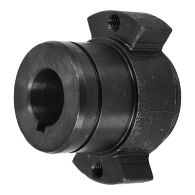 Närbild av Shaft Coupler Disc F. 003263, en svart metallkoppling med ett mitthål, nyckelspår och två bulthål.