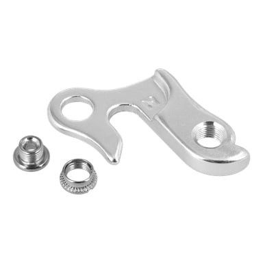 Derailleur Hanger F. 024032 är en metallcykeldel med två små gängade insatser, visade med alla sina komponenter.