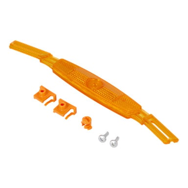 Reflektorhjulet F. 024032 har en reflektor med orange texturer, två orange klämmor, en liten rund orange del och två skruvar.