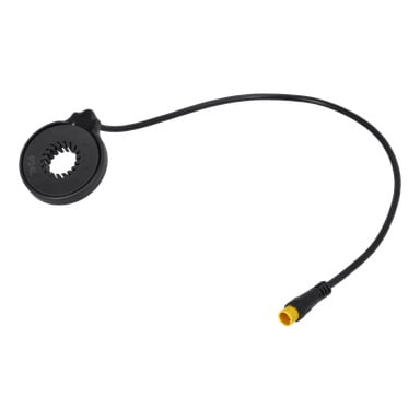Sensor F. 024032 är en svart cirkulär plastsensor med kugghjulsliknande innertänder, kopplad till en böjd kabel med gul ände.