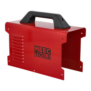 Röd metall portabel svetsskärm med svart handtag, sidoventilationsspår, monteringshål och Meec Tools-logga på karossen.