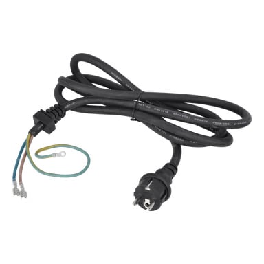 Svart elkabel med ett europeiskt uttag, synliga ledtrådsändar och kontakter, samt en grön/gul jordledning med ringterminal.
