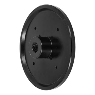 Svart, rund metallfrontplatta T. 022936 med ett centralt nav med gängad hål och flera yttre hål för skruvmontering.