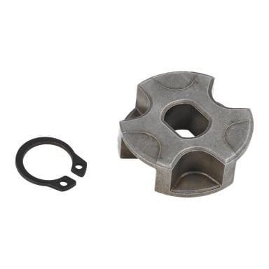 Sprocket W. låsring T.004841 visar en metallfästring och en bearbetad del med ett sexkantigt mitthål och fyra upphöjda områden.