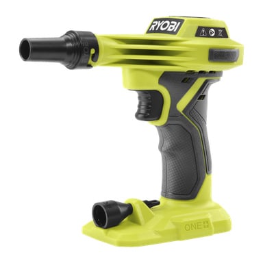En Ryobi One+ batteridriven luftpump RVI18-0 med limegrön och svart färgschema, främre munstycke och ergonomiskt grepphandtag.