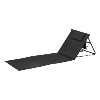 En svart Kayoba strandmatte med ryggstøtte, polstret nakkestøtte, utvidet flatt sete og justerbart sammenleggbart design.
