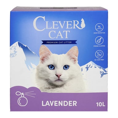Clever Cat Premium kattsand, lavendeldoft, 10L-låda, har blålila förpackning med en vit katt och ikoner för luktkontroll.