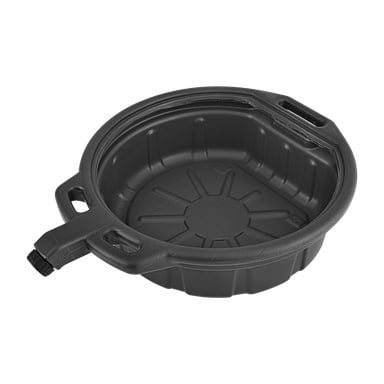 En cirkulär svart plast Hamron Oil Change Pan med hällpip, dubbla sidohandtag och en inre bas med spår för dränering. Den är avsedd för att fånga upp använd olja vid oljebyten.