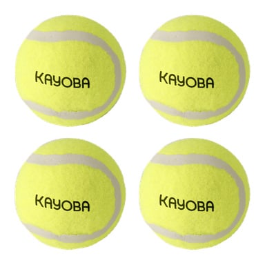 Vier gelbe Kayoba-Tennisbälle mit grauen, gebogenen Linien und dem in Schwarz gedruckten Kayoba-Markennamen, organisiert in einem zweimal zwei Raster.