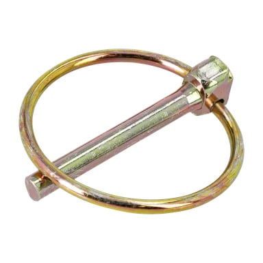 Nærbilde av en 4,5 cm rund pinne, en solid metallnøkkel med en sirkulær fjærlås, brukt til å sikre aksler eller aksler.