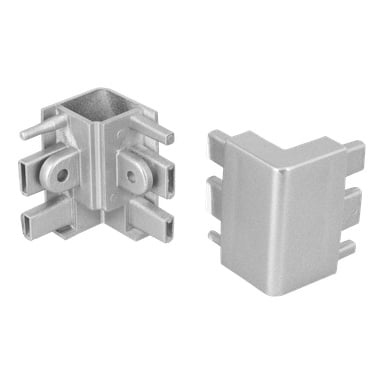 Två silverfärgade anslutningsfästen: en vinkel visar interna stöd och anslutningspunkter, den andra visar en slank L-formad exteriör.