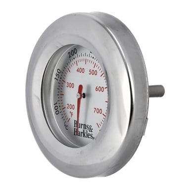 En metallratt på Thermometers kolgrill visar 100°F–700°F, röd nål vid ~190°F, med Burns & Barkles längst ner.