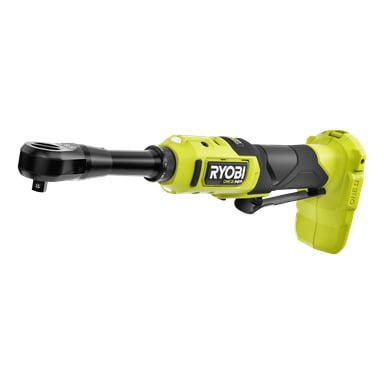 Studiokuva Ryobi One+ HP -paristokäyttöisestä räikkäkahvasta RRW1838X-0, jossa näkyy sen limenvihreä ja musta muovirunko, pitkänomainen metallinen kaula ja 3/8-tuumainen neliönmuotoinen voimanpää sivusta katsottuna.