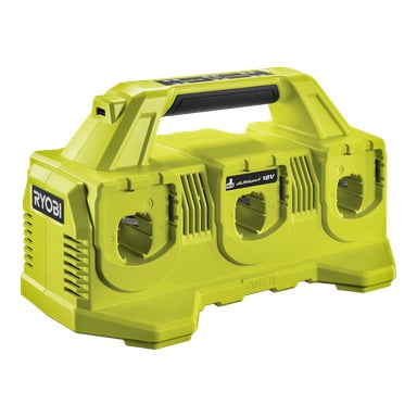 Kirkkaan vihreä Ryobi One+ -monilaturi (malli RC18640), suunniteltu kuudelle akulle, varustettuna kuusi latauspaikkaa, kantokahva päällä, sivuaukot ja Ryobin logo vasemmalla.
