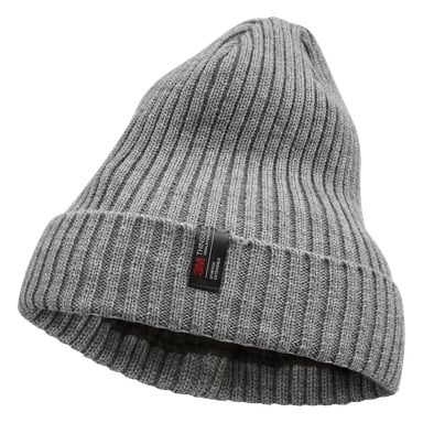 Eine graue, gerippte Strickmütze von Bluewear hat eine gefaltete Krempe, mit einem schwarzen Etikett, das das 3M Thinsulate-Logo und Text darauf hinweist. Das Etikett zeigt an, dass die Mütze isoliert ist, um zusätzliche Wärme zu gewährleisten.