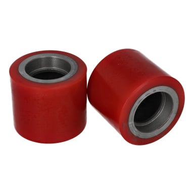 Par röda cylindriska 8 cm rullar (modeller 022277/022279), vardera med en metallinnerhylsa, två per pack.