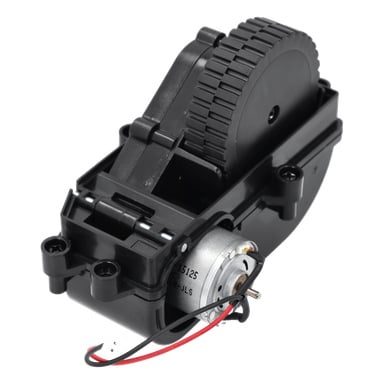Närbild av hjulmotor vänster korps T.025972: svart plastväxellåda, exponerad motor, synlig ledning, stort kugghjul och fästpunkter.