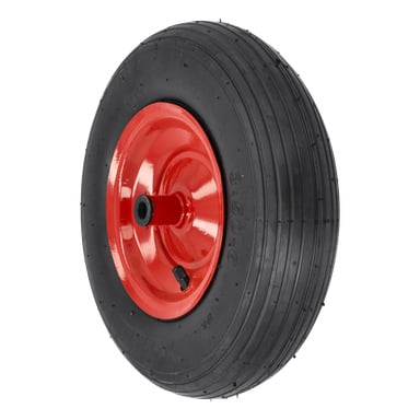 Pneum Rubb Wheel 3,50-6 Ø14 mm har ett svart gummidäck med smala spår, röd metallfälg och en synlig luftventil.