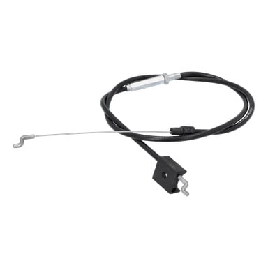 Motorbromstråd F. 010460, en svart kabel med exponerade metalltrådar och krokade spetsar i båda ändarna, ena änden har en svart plastbit.