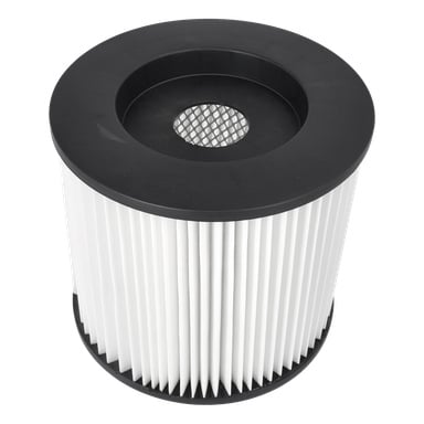Cylindriskt Hepa-filter F. 014123 med svarta plaständar, vechelt vitt filtermaterial och en mittöppning täckt av nät.