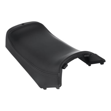 Böjd svart plast Seat F. 023483 med en slank finish, upphöjda kanter och flera små hack och flikar i ena änden.