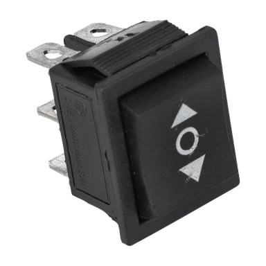 Närbild på Switch Fram/Baksida F. 023480, en svart rektangulär vippbrytare med två metallstift och en dubbelpil för upp/ner.