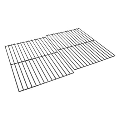 Två rektangulära grillställ med parallella metallstänger är placerade sida vid sida och överlappar något i ett hörn.