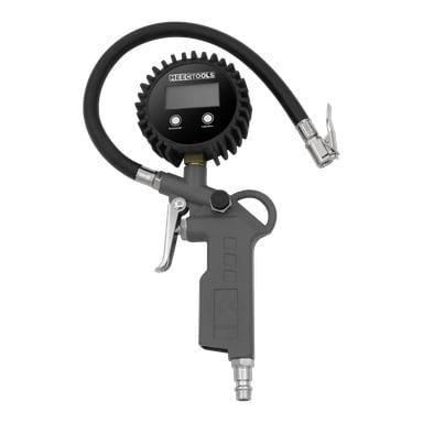 En Meec Tools däckinflator utrustad med en digital manometer, som visade en svart slang som slutade i ett metallmunstycke, en elektronisk skärm med "MEECTOOLS", två kontrollknappar märkta På/Av och Ljus/Enhet, samt ett avtryckarliknande handtag.