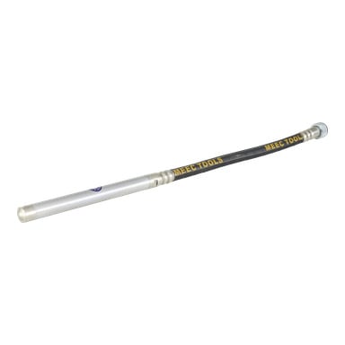 Vibratorslangen Cpl F. 271001 har ett cylindriskt metallhuvud, en svart slang märkt MEEC TOOLS i gult och en kontakt.