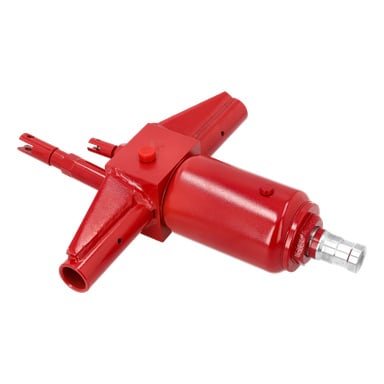 Pump Unit F. 011253 har en röd cylindrisk hydraulisk domkraft med två platta armar och ett metallmunstycke för vätskeöverföring.