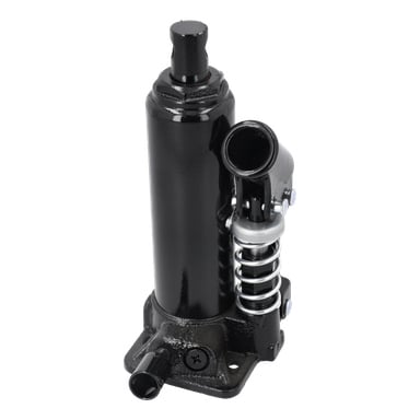 Svart hydraulisk motorcykellyft med cylindrisk kropp, metallbas, upprätt kolv, handtagsspår och en exponerad spiralfjäder.