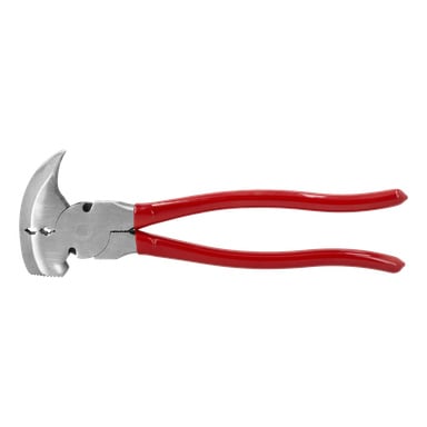 Eine Zange von Meec Tools Farmer mit gebogenem Kiefer und rot plastikbeschichteten Griffen. Das Metallwerkzeug ist zum Greifen oder Schneiden von Gegenständen gedacht.