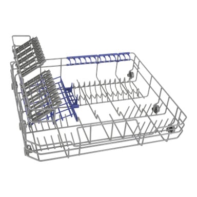 Koppställ F. 018208 med grå metallstänger, blå plasthållare för diskar och sidohjul för smidig glidning.
