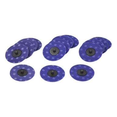 Sechs Stapel von Meec Tools Quick Change Schleifscheiben für Schraubendreher (15er-Pack) sind in zwei Reihen angeordnet. Jede Scheibe hat eine blaue Abrasivoberfläche, einen schwarzen zentralen Hub und weiße Körnungszahlen wie 40, 60 oder 80.