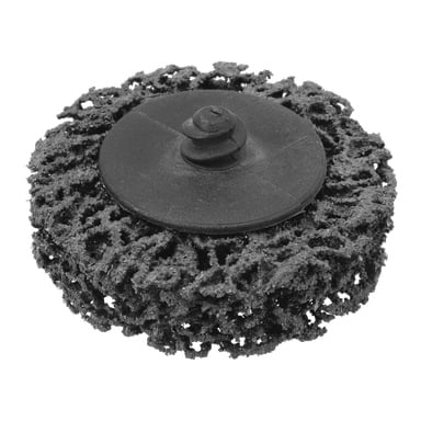 Ein Meec Tools Heavy Duty Cleaner für Schraubendreher wird angezeigt. Das Gerät verfügt über eine robuste, schwarze Schleifscheibe mit poröser Textur und einem Loch in der Mitte, die zum Abkratzen von Farbe, Rost oder Beschichtungen von verschiedenen Oberflächen gedacht ist.
