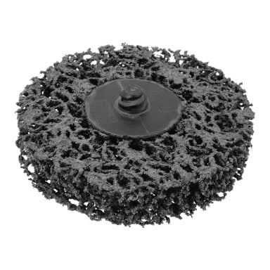 Nahaufnahme des Meec Tools Heavy Duty Cleaner für Schraubendreher, der eine schwarze Schleifscheibe mit rauer, poröser Textur und einem Loch in der Mitte zeigt, die zum Abtragen von Farbe, Rost oder Oberflächenbeschichtungen gedacht ist.