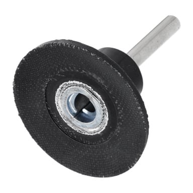 Eine detaillierte Ansicht einer schwarzen Meec Tools-Schleifplatte, die an einem Metallschaft befestigt ist und für den Einsatz mit Drehwerkzeugen zum Schneiden oder Schleifen verschiedener Materialien gedacht ist.