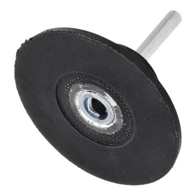 Eine detaillierte Ansicht der Schleifplatte von Meec Tools zeigt ihre schwarze abrasive Oberfläche, Metallzentrum und befestigten Schaft. Die Platte ist so schräg, dass sowohl ihre Dicke als auch die Befestigungshardware hervorgehoben werden, was darauf hinweist, dass sie für Elektrowerkzeuge zum Schneiden oder Schleifen von Materialien gedacht ist.