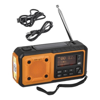 En orange och svart uppdragbar radio med solcell, FM/DAB-funktioner och digital display inkluderar antenn, sidoficklampa, fronthögtalare, kontrollknappar och ett svart handledsband. Två svarta kablar är placerade ovanför radion.