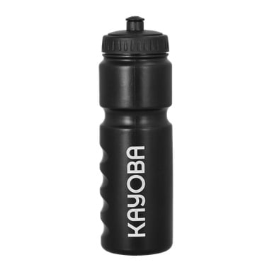 Eine schwarze Kayoba-Wasserflasche aus Plastik mit Schraubdeckel und Klimmzug. Die Seite der Flasche zeigt "KAYOBA" vertikal in Weiß gedruckt, und eine Seite hat geformte Rillen für Halt.