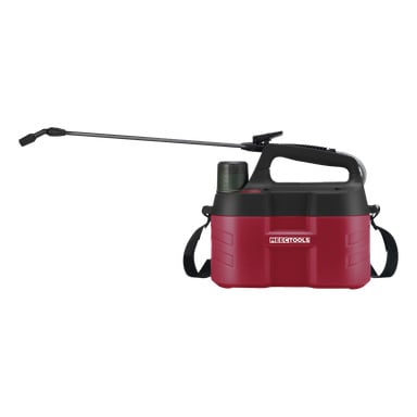 En batteridriven spraypistol från Meec Tools i rött och svart, komplett med handtag, axelrem, måttmugg och långt spraymunstycke.
