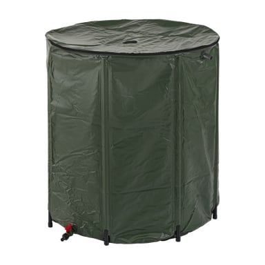 En stor, grön cylindrisk Hard Head Cold Face Collapsesible Rainwater Tubt med dragkedjaslock, en kran fäst nära basen, stadiga svarta ben för stöd, och gjord av starkt, vädertåligt material.