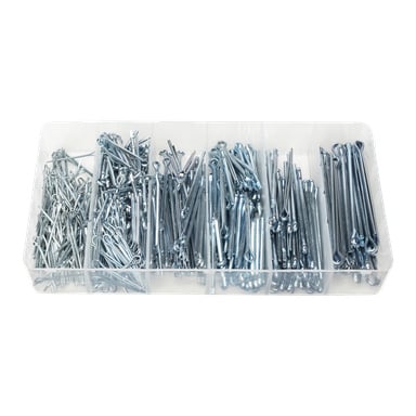 Ett Hamron-splittstiftsset med 555 metallstift i olika längder och tjocklekar, alla sorterade i sex prydliga plastfack.