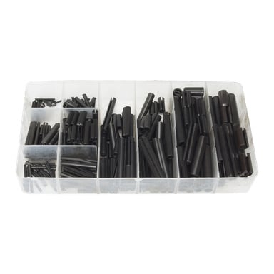 Hamron Spring Pin Set innehåller 315 svarta cylindriska metallfjäderstift organiserade efter storlek i individuella fack i en genomskinlig plastlåda.