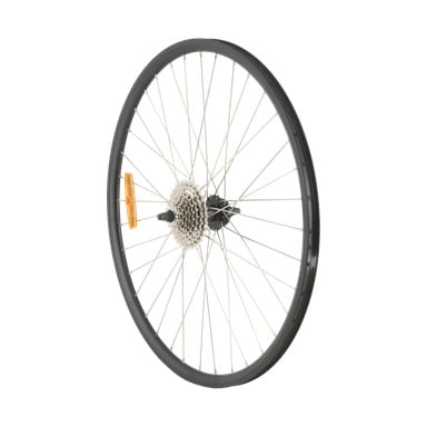 Back Wheel Wind/Mind 005023/26 har metallfälg, silverfärgade ekrar, växelkassett, snabbutlösande axel och orange reflektor.
