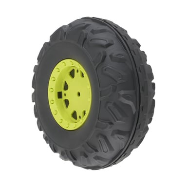 Närbild på Plastic Wheel F. 023483, som visar ett tjockt svart däck med mönster och en starkt gul plastnavkapsel, lämpad för leksaker eller terrängbruk.